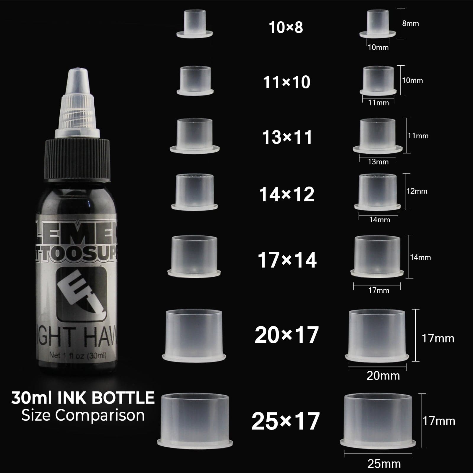 Tattoo Ink Caps with Base Full Size #10 #11 #13 #14 #17 #20 #25 1000PCS/Bag