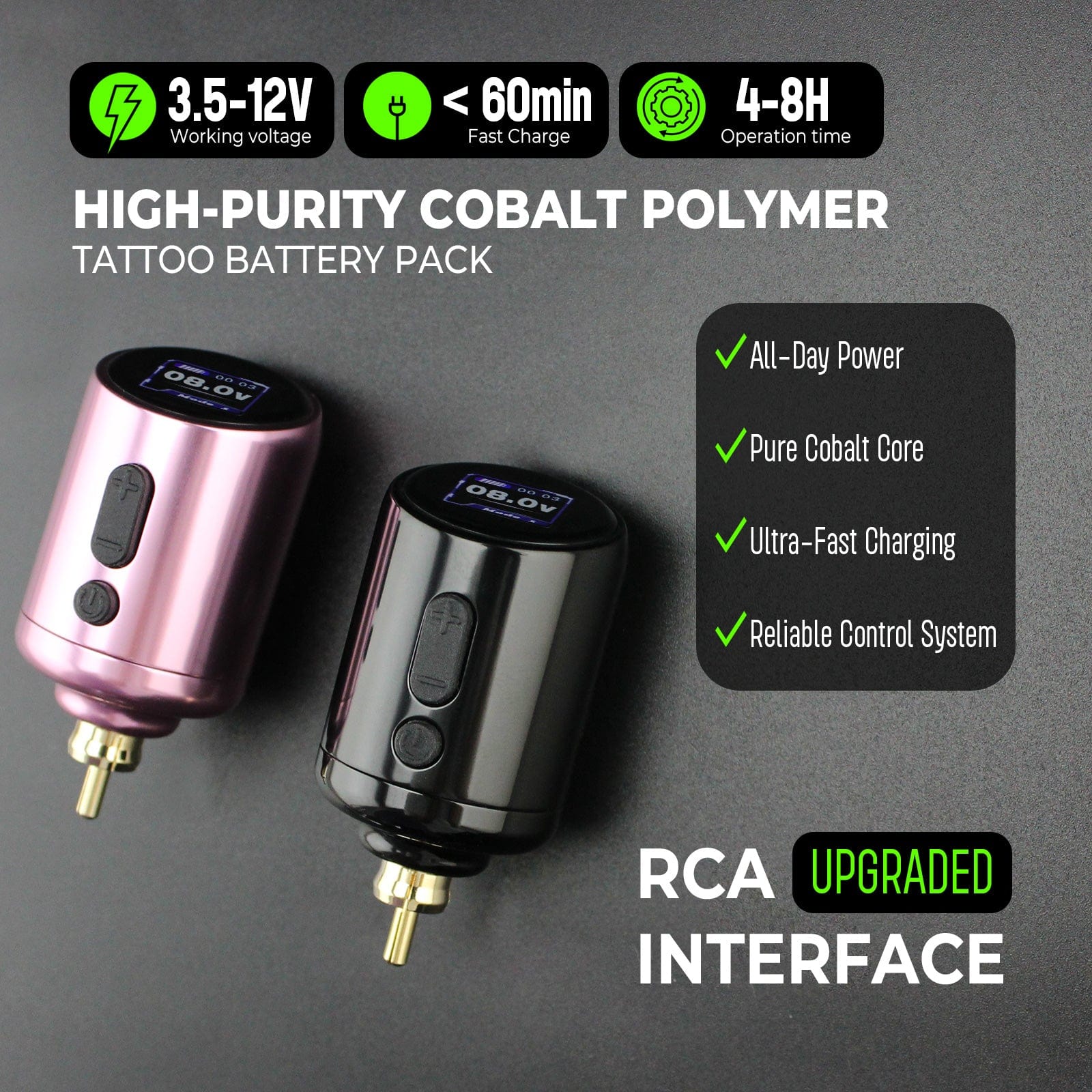 Tattoo Battery Pack RCA, High-Purity Cobalt Polymer Tattoo Power Supply