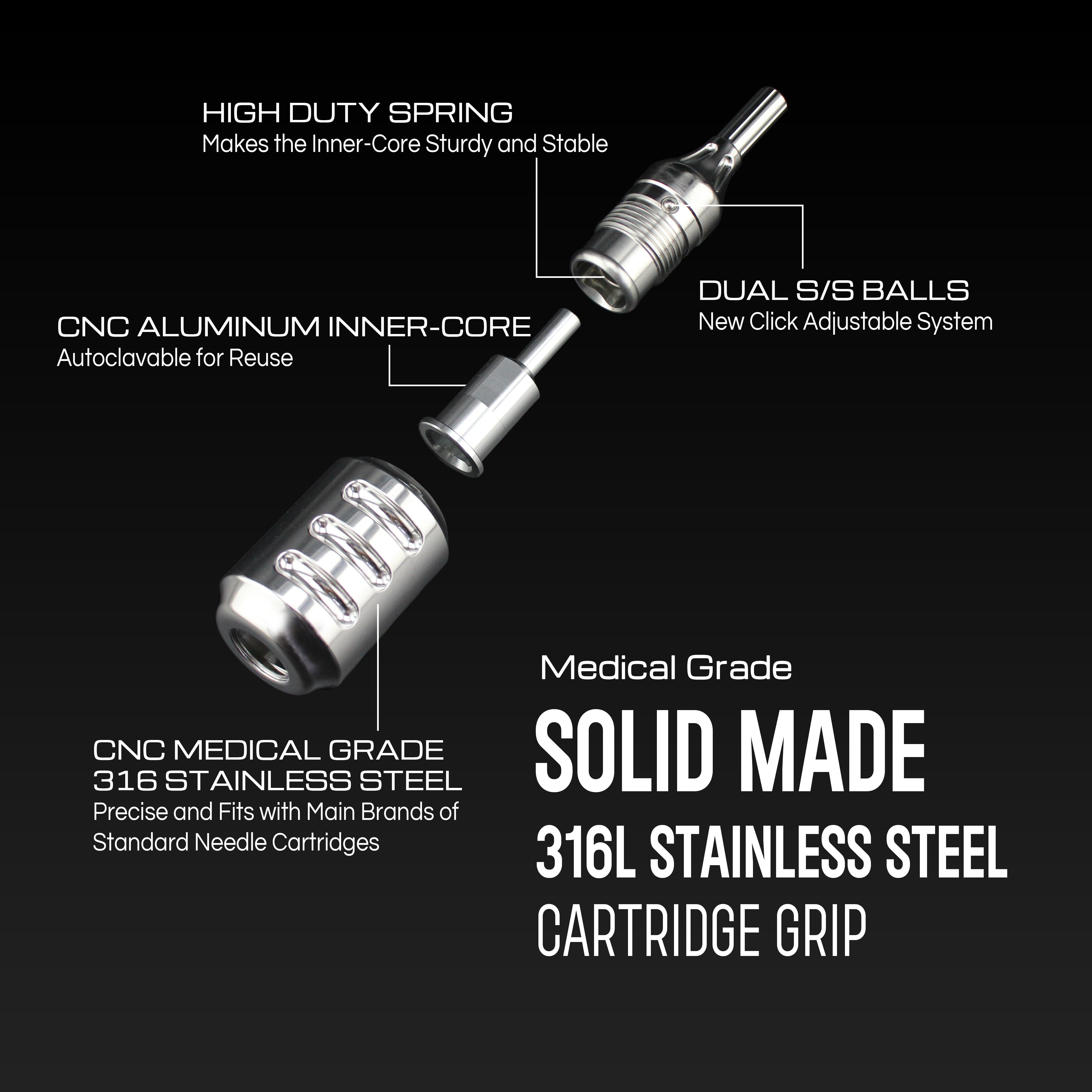 Tattoo Cartridge Grips- Heavy 30mm Medical Grade 316L Stainless Steel