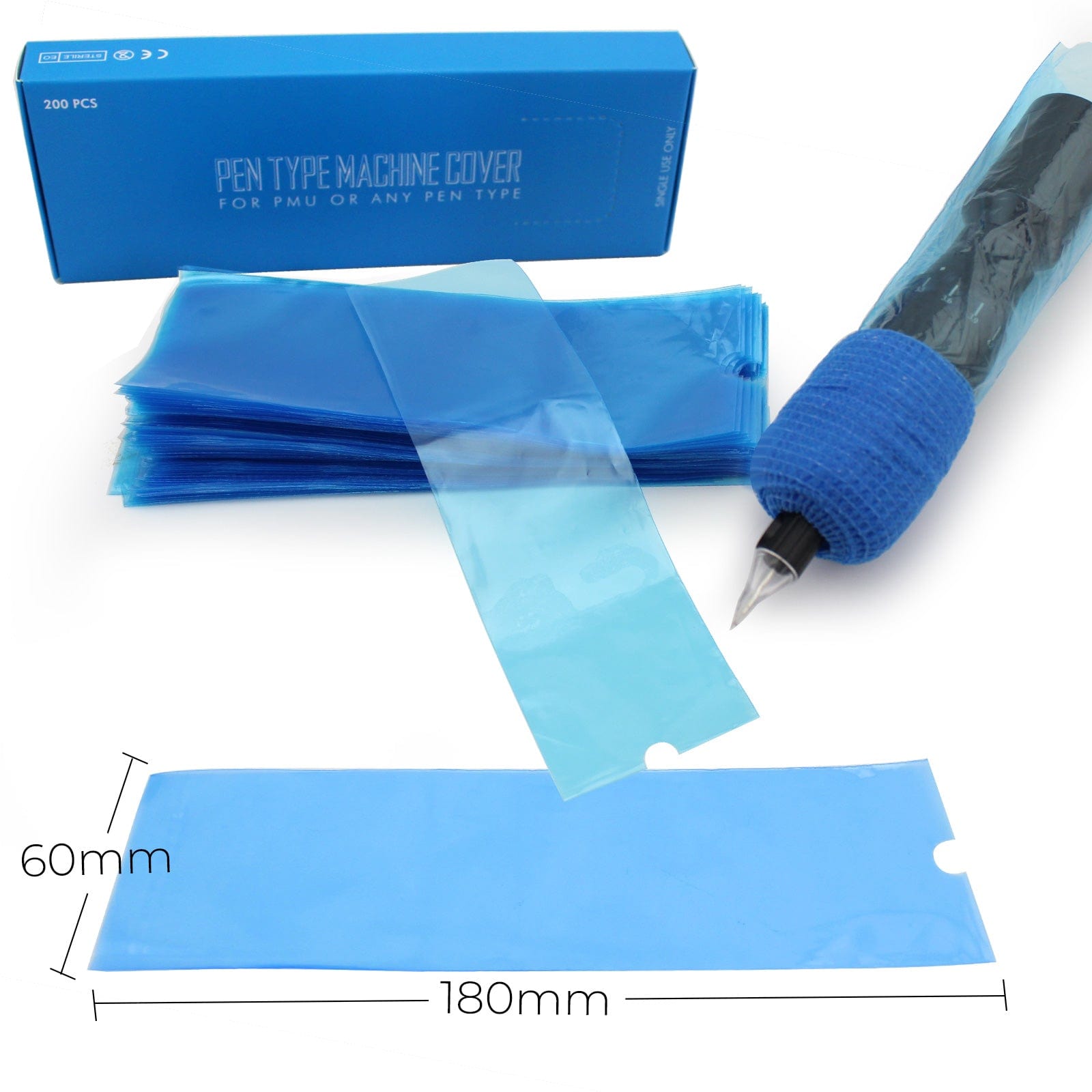 Blue Wide Tattoo Pen Covers 200pcs with Grip Tape 2.4 inch X 7 inch