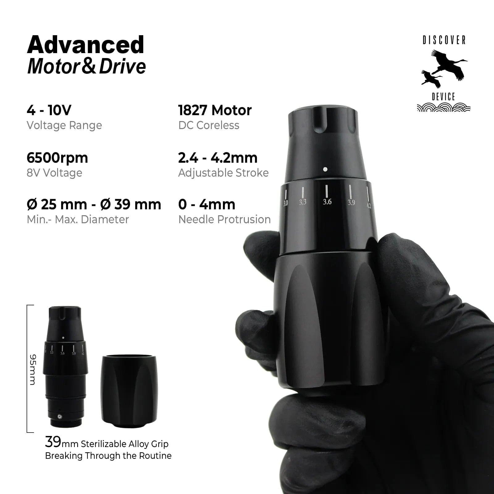 DISCOVER DF2.4-4.2mm Adjustable Stroke Wireless Tattoo Pen Machine Black