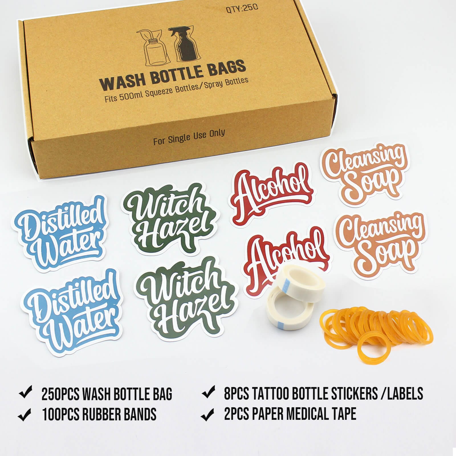Tattoo Bottle Covers 250PCS with Stickers,Tapes,Rubber Bands Supplies Set
