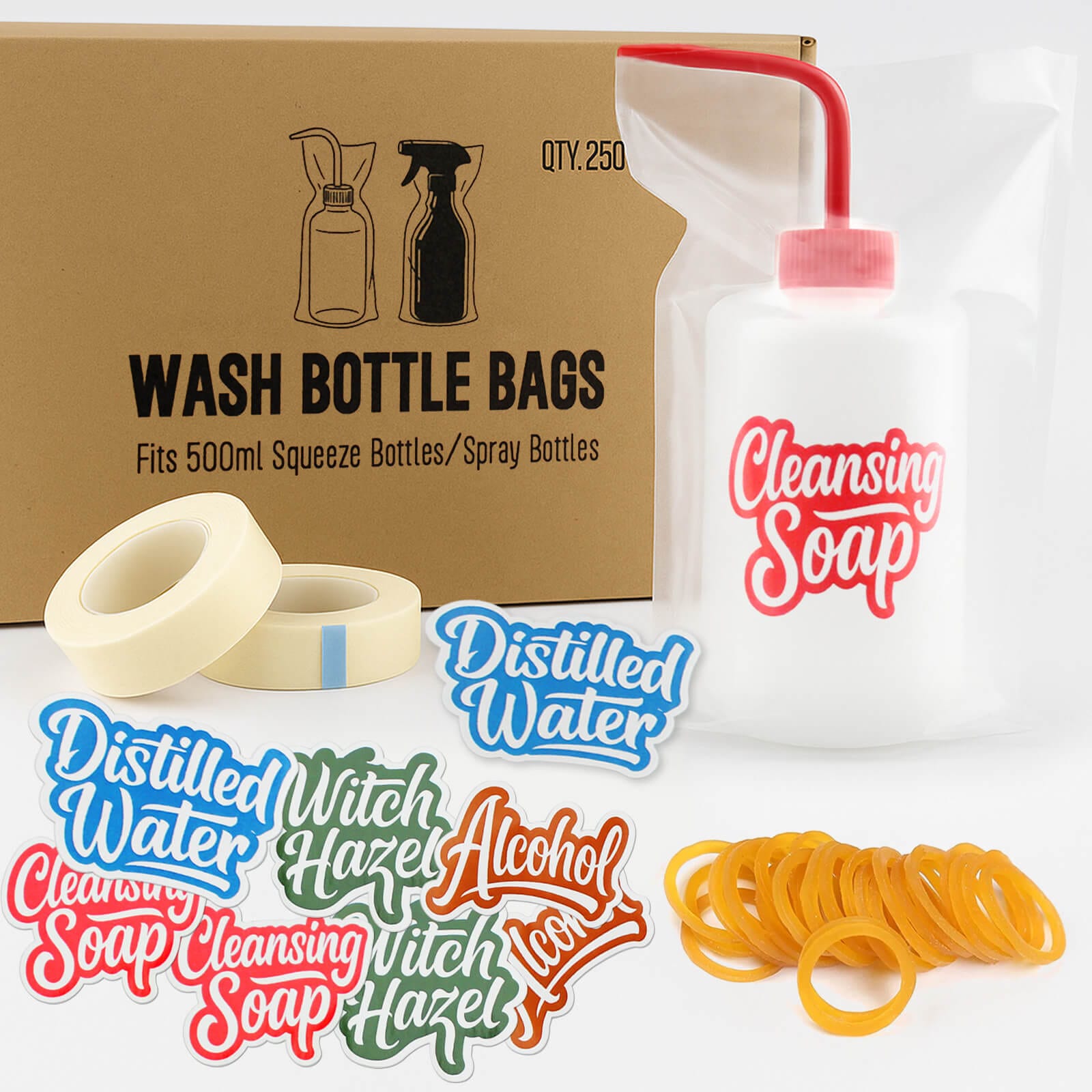 Tattoo Bottle Covers 250PCS with Stickers,Tapes,Rubber Bands Supplies Set